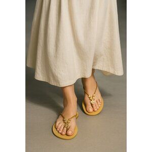 Tory Burch Women Leather Thong Sandals Gold Logo Beads Tan Flat Flip Flop Sze10M